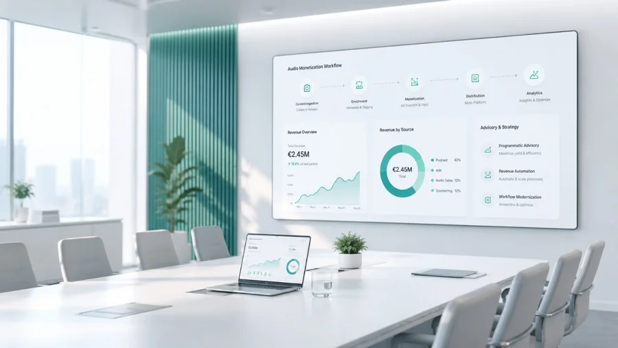 Präsentation des Audio-Monetarisierungs-Workflows von Ingestion bis Analyse im Meetingraum