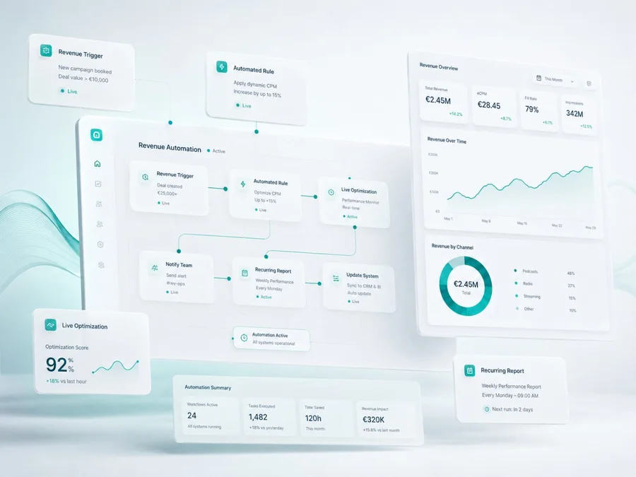 Automatisierter Workflow für Umsatz-Reporting mit Trigger-, Regel- und Report-Kacheln